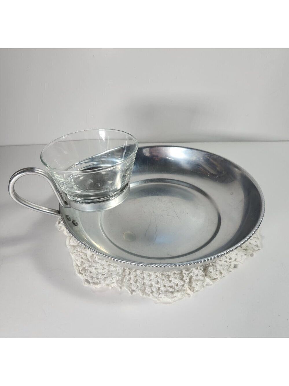Chip and Dip Dish Beaded Rim Aluminium with Glass Bowl Serving Tray B W Buenilum